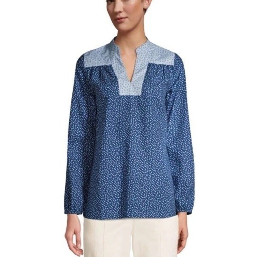 Lands End Blouse Shirt Top Popover Large Blue Cotton Long Sleeve Floral Feminine